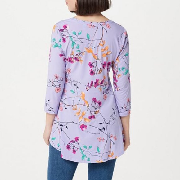 Susan Graver Printed Liquid Knit Top Peplum Back - Picture 2 of 3